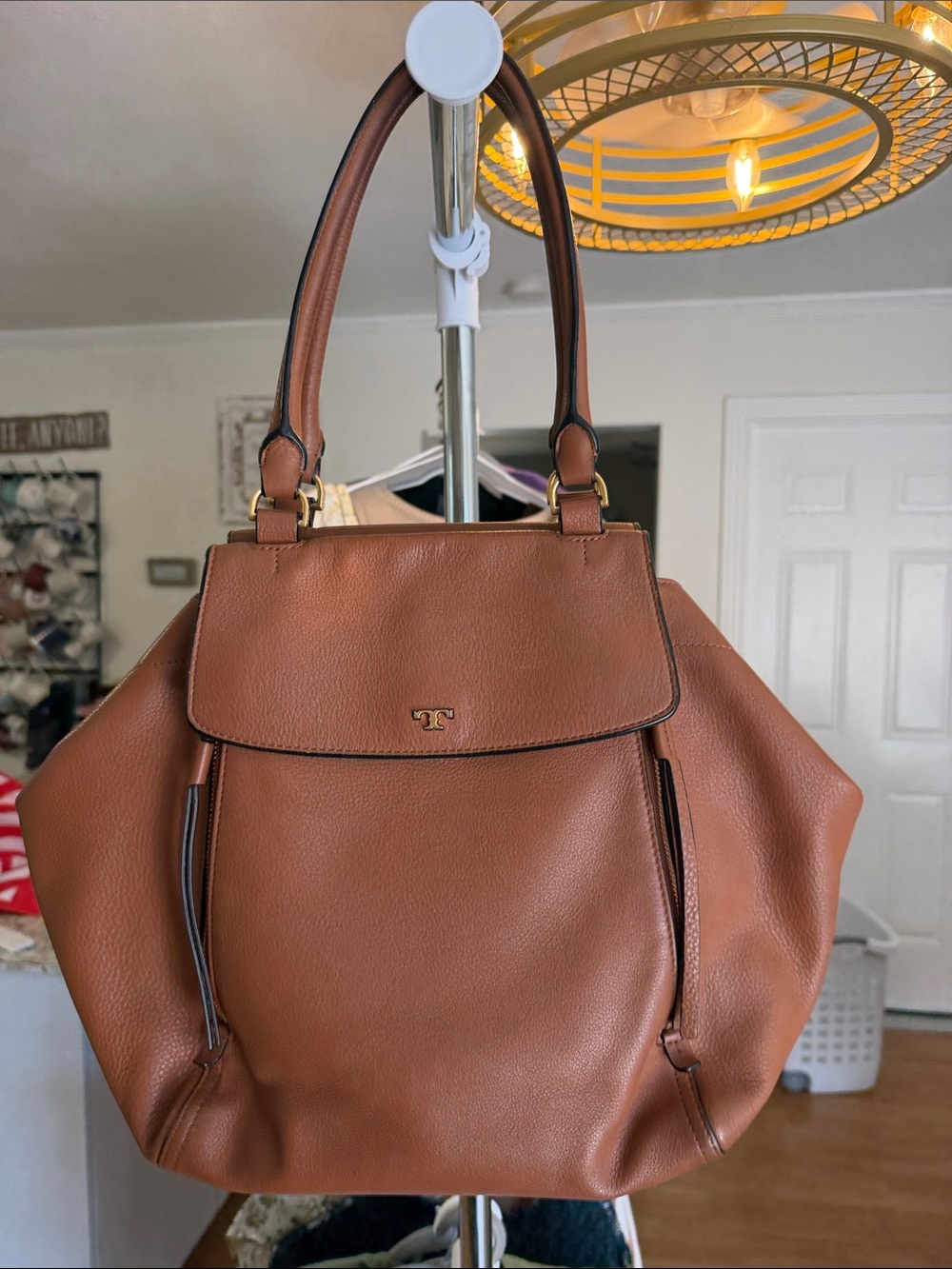 Tory Burch Cognac Leather Tote with Gold Hardware